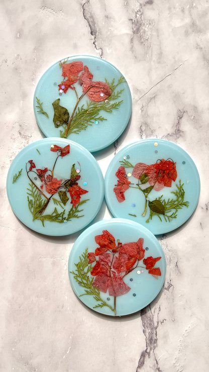 Vibrant Summer Aqua Resin Coasters with Real Pressed Flowers