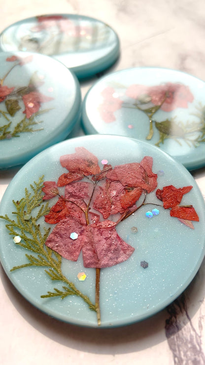 Vibrant Summer Aqua Resin Coasters with Real Pressed Flowers