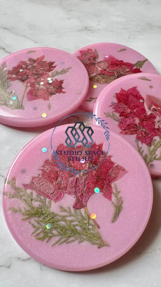 Chic Pink Resin Coasters With Real Pressed Flowers Coaster