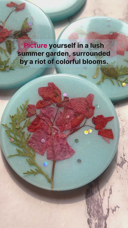 Vibrant Summer Aqua Resin Coasters with Real Pressed Flowers