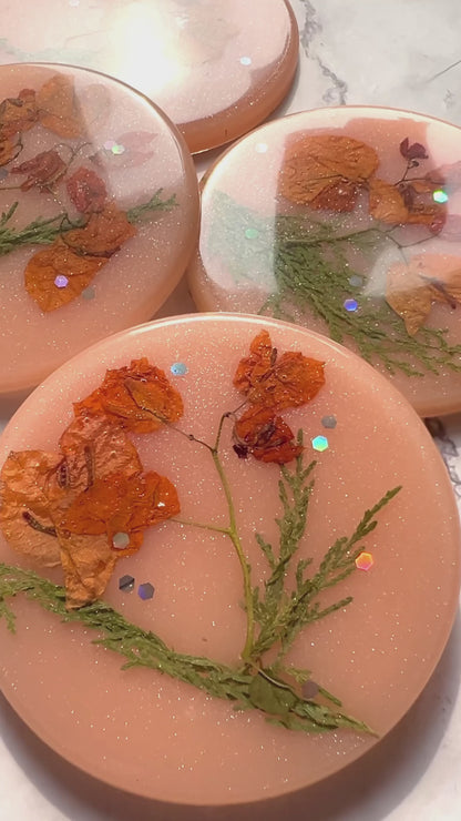 Sunny Orange Resin Coasters with Real Pressed Flowers