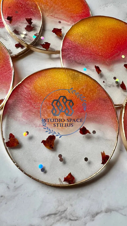 Sunset Serenity Resin Coasters With Pressed Rose Petals Coaster